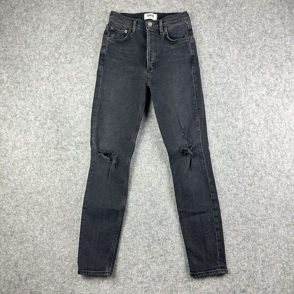 Agolde Nico Ankle Jeans Womens 24 Faded Black Distressed Button Fly Slim Stretch